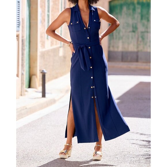 Boston Proper Womens Beyond Travel Button Front Collared Maxi Dress Blue size XL - Picture 1 of 12